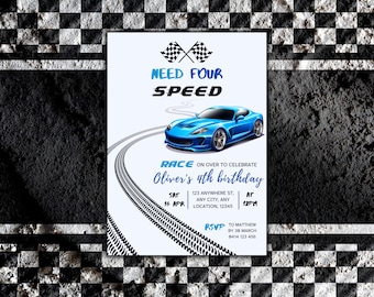 Besoin d'une invitation à une fête d'anniversaire à quatre vitesses, besoin d'une invitation à quatre vitesses, voiture de sport bleue, invitation à une fête de voiture de course, modèle modifiable pour la fête du 4e anniversaire