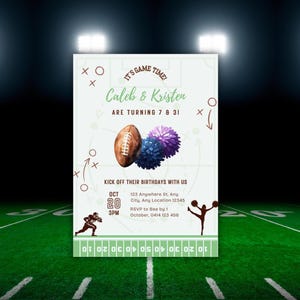 Invitation de pom-pom girl de match de football, Invitation de football entre frères et sœurs, Faire-part d'anniversaire sport All Star modifiable, Modèle modifiable