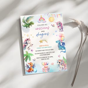 Unicorn and Dragons Birthday Party Invite, Sibling Joint Birthday, Brother Sister Birthday Party, Digital Download Invite, Editable Template
