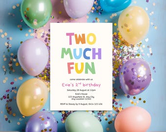 Two Much Fun, Ready Two Party Invite, Second Birthday Invite, Colorful 2nd Birthday Party Invite, Editable Boy Girl Birthday Invitation