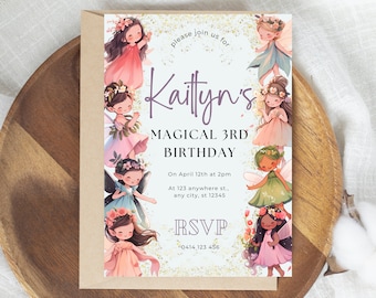 May include: A light blue invitation with gold glitter and a purple border. The invitation is for Kaitlyn's Magical 3rd Birthday. It features a circle of fairies with floral crowns and wings. The text reads "Please join us for Kaitlyn's Magical 3rd Birthday. On April 12th at 2pm. At 123 anywhere st., any city, st 12345. RSVP 0414 123 456."