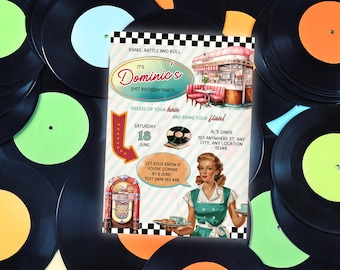 Retro Diner Birthday, 1950's 1960's Bday Invite,  Sock Hop Retro Diner Invite, Retro Diner Party, American Diner Invite, Editable Template