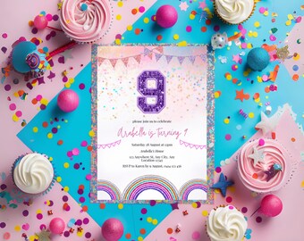 Purple Pink Glitter Number Birthday Invite For 9th Birthday Girl, Editable Glitter Invitation, Rainbow Party Template
