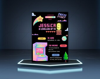 Faire-part d'anniversaire arcade, jeu vidéo rétro, faire-part d'anniversaire de jeu, invitation anniversaire de joueur, soirée entre filles, modèle modifiable