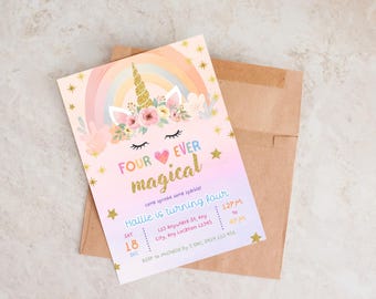 Four Ever Magical Unicorn Birthday Invitation, Editable Pink Purple Ombre Rainbow Invite, Digital Download for Girls