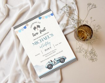 Growing Up Two Fast, Race Car Party Invite, Boy Vintage Blue Race Car Invitation, Boy 2nd Birthday Party, Classic Car Lover Birthday Theme