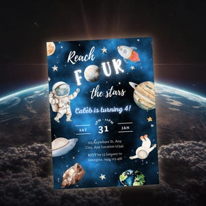 Reach Four The Stars Invitation, Astronaut Party invite, Boys Printable Space Theme  Invite, 4th Birthday Invitation, Editable Template