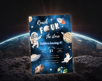 Reach Four The Stars Invitation, Astronaut Party invite, Boys Printable Space Theme  Invite, 4th Birthday Invitation, Editable Template