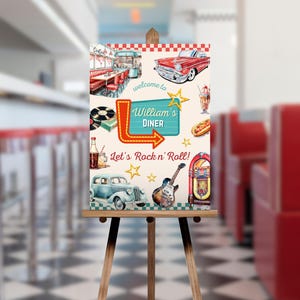 Retro Diner Birthday Welcome Sign, 1950&#39;s Birthday Invite, Lets Rock N Roll Retro Diner Welcome Sign, Retro Diner Party, American Diner Sign