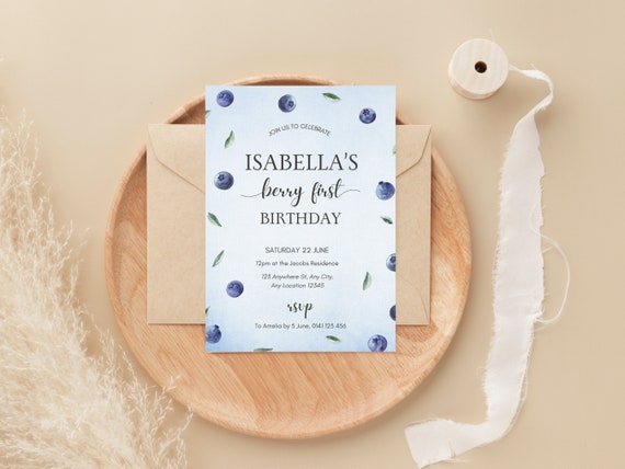 Berry First Birthday Invite, Blue Berry Party, Blueberries Invitation, Berries Invite, Berry Sweet Invite, Editable Template, Digital invite