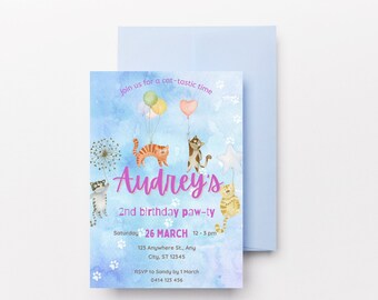 Balloons and Cats Pawty Invite, Kitty cat birthday party invitation, Editable Cat Invite, Blue Cats Invite