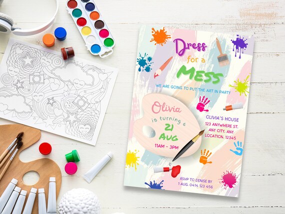 dress for a mess party invitation template Art Birthday Party Invitation Editable Template, Dress for a Mess Painting Invite Evite, Girl Paint Craft Rainbow Party Apron Printable