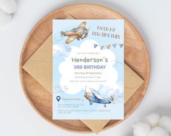 My Oh My How Time Flies Invite, Blue Gingham Airplane Invite, Boy Birthday Invitation, Scandi Airplane Party, Gingham Design, Digital Invite