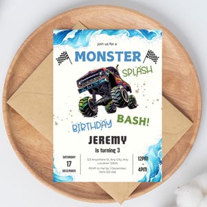 Monster Truck Splash Pad Birthday Bash Invite, Boy Birthday Invite, Summer Birthday Party, Monster Truck Waterslide, Editable Template