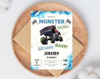Invitación a fiesta de cumpleaños con tobogán acuático de Monster Truck, invitación para cumpleaños de niño, fiesta de cumpleaños de verano, tobogán acuático de Monster Truck, plantilla editable