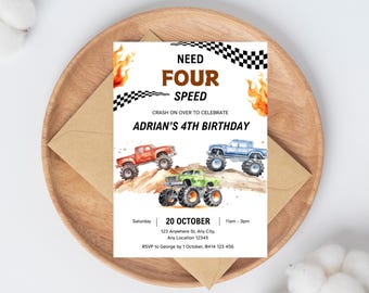 Monster Truck Birthday Invite, Monster Truck Need Four Speed Invitation, Boys 4th Birthday Party, Need For Speed Invite, Editable Template