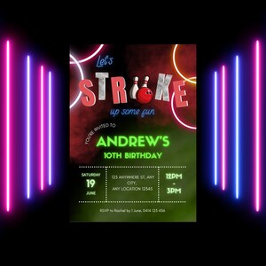 Glow Neon Party Invite, Neon Bowling Invitation, Kids Bowling Party, Let&#39;s Strike Up Some Fun, Boys Bowling Party Invite, Editable Template