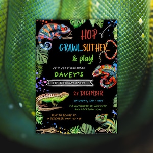 Reptile Birthday Invitation, Lizards Creepy Crawly Party Invite, Animal Handling Party, Night Safari Birthday Evite, Night Reptile Party