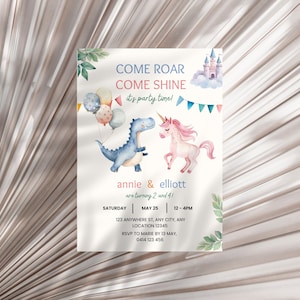 Unicorn and Dinosaur Birthday Party Invite, Sibling Joint Birthday, Come Roar Come Shine, Digital Download Invite, Editable Template