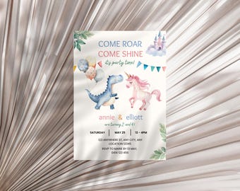 Eenhoorn en dinosaurus verjaardagsfeestje uitnodigen, gezamenlijke verjaardag broer of zus, Come Roar Come Shine, digitale download uitnodigen, bewerkbare sjabloon