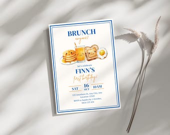 Blue Brunch Anyone Party Invitation, First Birthday Invite, Digital Template for Kids Brekky Birthday Party, Classic Breakfast Party Invite