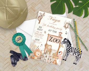 Dierentuin partij uitnodigen, dierentuin bezoek verjaardag, feestbeest, jungle dieren partij, wilde een partij, dierentuin verjaardagsfeestje uitnodigt, bewerkbare sjabloon