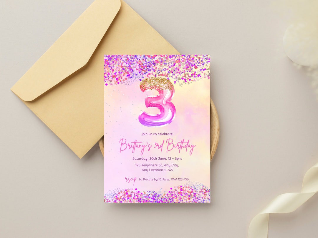 Editable Pink 3rd Birthday Invitation, Glitter Birthday Party Invite ...
