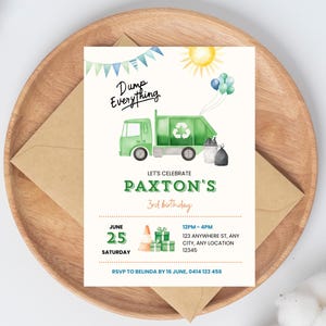 Trash Truck Party Invite, Dump Truck Invite, Dump Everything Invitation, Garbage Truck Theme Invite, Instant Download, Printable Kids Invite