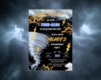 Tornado Party, Twister Birthday Invite, 4th Birthday Invite, Storm Theme Birthday, Editable Template, Tornado Invitations, Lightning Invite