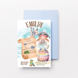 Faire-part de fête d'anniversaire femme pirate, fille aventureuse Lady Pirate, invitation numérique modifiable