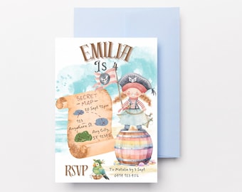Female Pirate Birthday Party Invitation, Adventurous Girl Lady Pirate, Digital Editable Invite