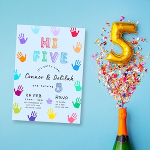 May include: A blue invitation card with colourful handprints and the text "Hi Five! It's party time! Connor & Delilah are turning 5. 26 Feb 11am - 3pm 123 Anywhere St. Any City, Any Location, 12345 RSVP to Karen by 2 Feb 0123 456 789".