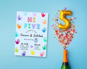 Hi Five Birthday Invite, Printable Hi 5 Invite, Twins High Five Birthday Invitation, Siblings Hi 5 Party, Editable Template, My Birthday Era
