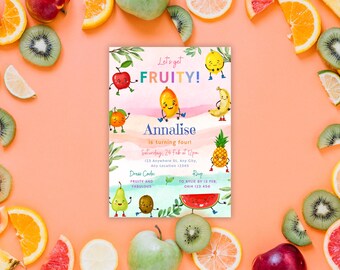 May include: A colorful invitation for a birthday party with a fruit theme. The invitation features a watercolor background with cartoon fruit characters. The text on the invitation reads "Let's get FRUITY!" and "Annalise is turning four!"