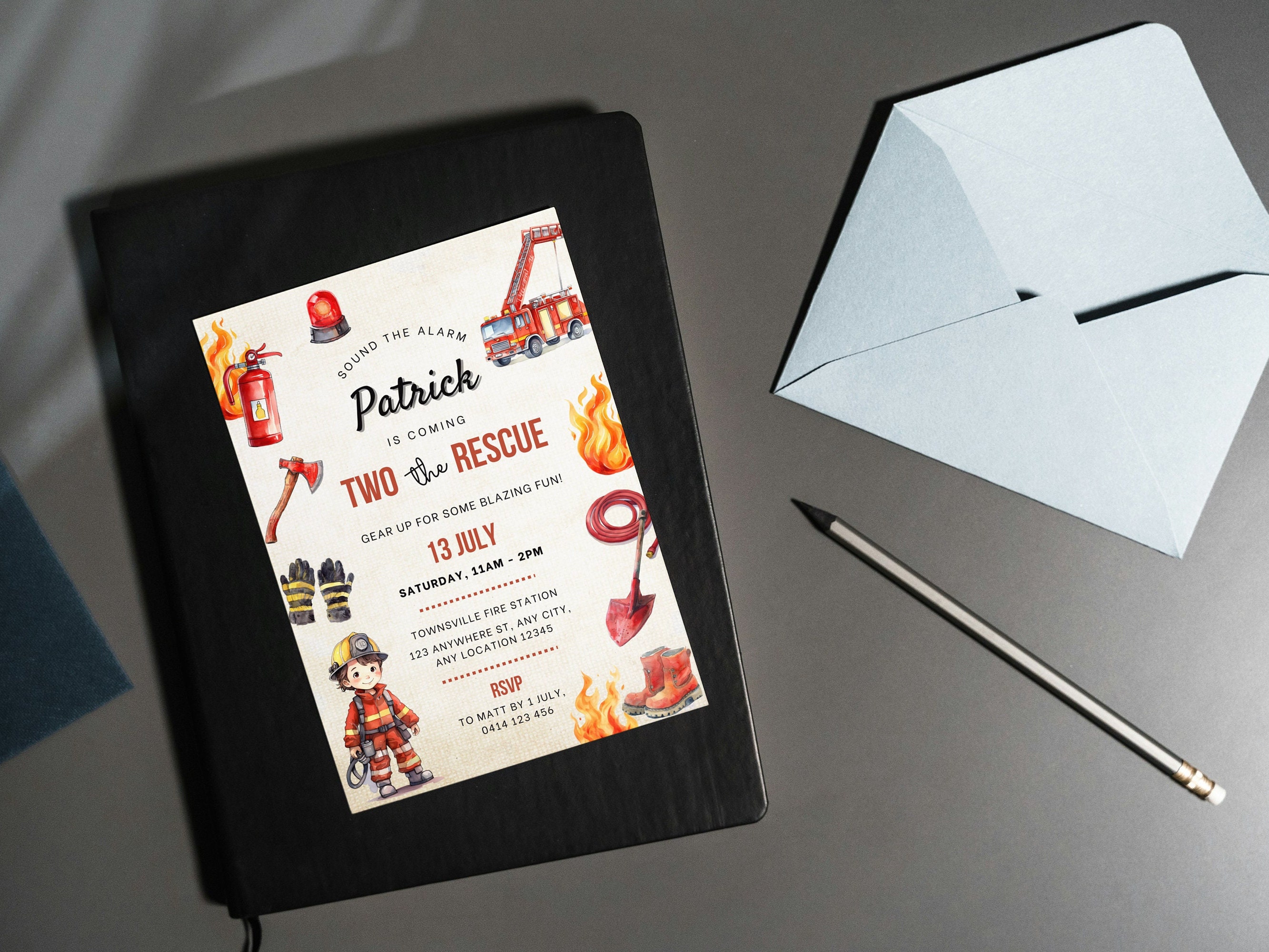 Fire Rescue Invitations Two the Rescue Invite, Fire Truck Invitation, Sound the Alarm ...