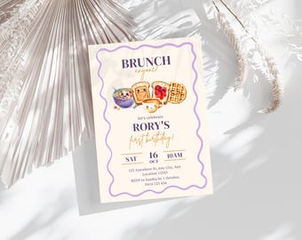 Purple Brunch Anyone Party Invitation, 1st Birthday Invite, Girl Birthday Party Digital Template, Classic Breakfast Invite, Instant Download