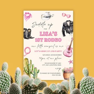 Pink Black Western Birthday Invitation, Cool First Rodeo Birthday, Disco Cowgirl Party, Wild West Birthday Invite, Pink 1st Rodeo Birthday
