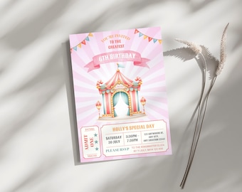 Invitación a fiesta de cumpleaños con carpa de carnaval rosa, cumpleaños de verano, cumpleaños de feria, fiesta de circo, invitación a fiesta de carnaval, invitación con entrada de circo