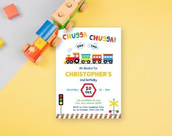 Faire-part train, Chugga Chugga Two Two, invitation Chugga Chugga Choo Choo, invitation thème fête train, anniversaire train, 2e train pour garçons tous à bord