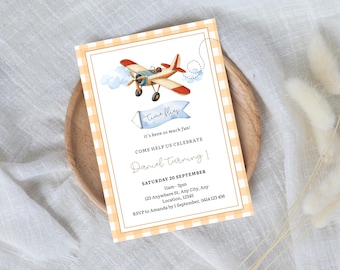 Red Gingham Airplane Invite, Boy Birthday Invitation, Boy Airplane Party, Time Flies Invite, Brown Gingham Design, Vintage Plane Invite