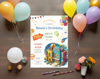 Invitación a museo, fiesta de cumpleaños en museo, fiesta infantil en museo, invitación a una excursión a un museo, invitación infantil editable, invitación infantil divertida