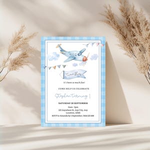 Gingham Airplane Invite, Boy Birthday Invitation, Boy Airplane Party, Time Flies Invite, First Birthday Invitation, Cute Gingham Design