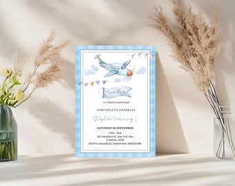 Gingham Airplane Invite, Boy Birthday Invitation, Boy Airplane Party, Time Flies Invite, First Birthday Invitation, Cute Gingham Design