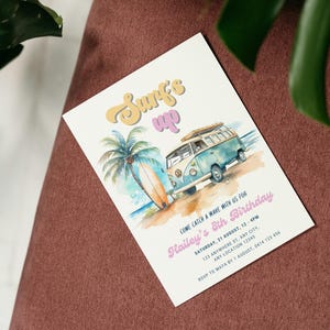 Surf&#39;s Up, strandverjaardag, surfuitnodiging verjaardagsfeestje, surferverjaardag, surfbusuitnodiging, 1e verjaardag uitnodigingssjabloon, Instant Download