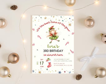 Girl Elf Birthday Invitation, Elf Party Invitations, Best Time of the Year Invite, Holiday Party, Digital Download Kids Holiday Celebration