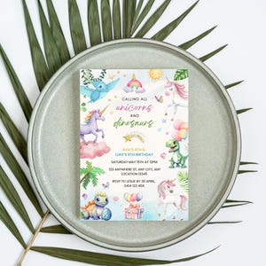 Unicorn & Dinosaur Birthday Party Invite, Sibling Joint Birthday, Brother Sister Birthday Party, Digital Download Invite, Editable Template