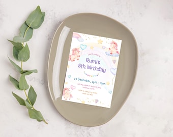 Cute Four Ever Magical Unicorn Birthday Invitation, Editable Pastel Rainbow Invite, Digital Download for Girls