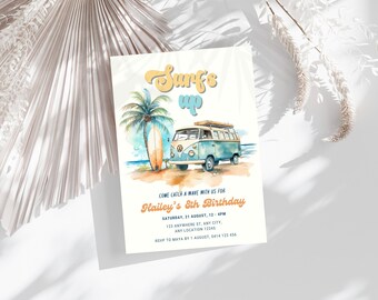 May include: A watercolor invitation with a beach theme. The design features a vintage blue van, a surfboard, and a palm tree. Text includes "Surf's up" and details for Hailey's 8th birthday.