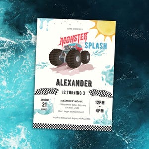 Monster Splash Birthday Bash Invite, Boy Birthday Invite, Summer Birthday Party, Monster Truck Waterslide, Pool Party, Editable Template