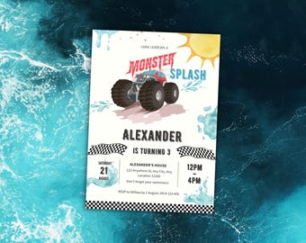Invitación a fiesta de cumpleaños con Monster Splash, invitación de cumpleaños para niño, fiesta de cumpleaños de verano, tobogán acuático de Monster Truck, fiesta en la piscina, plantilla editable